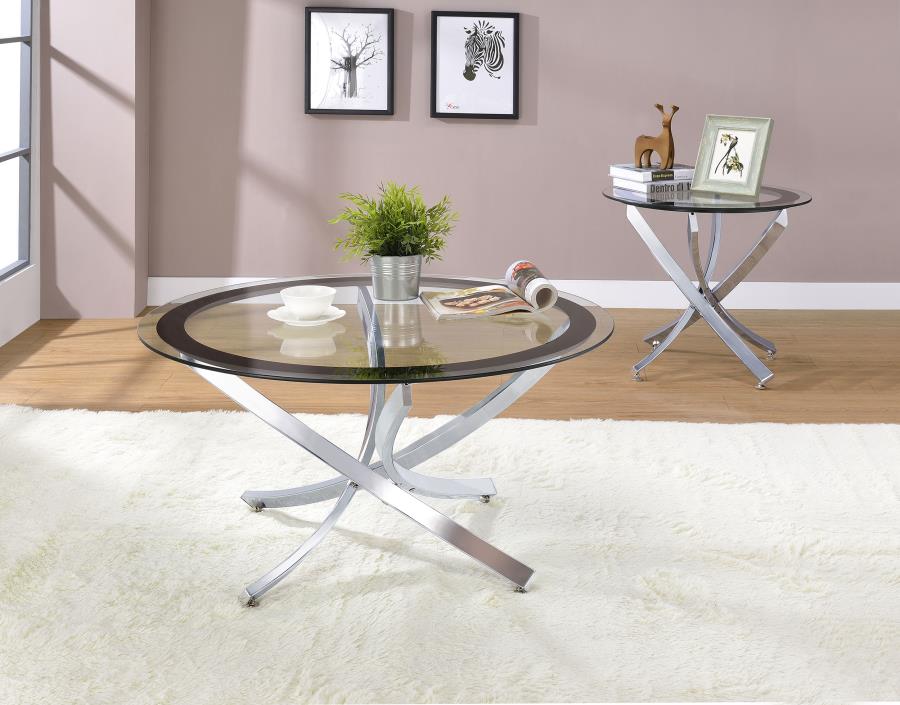 BROOKE ROUND GLASS TOP COFFEE TABLE METAL BASE CHROME