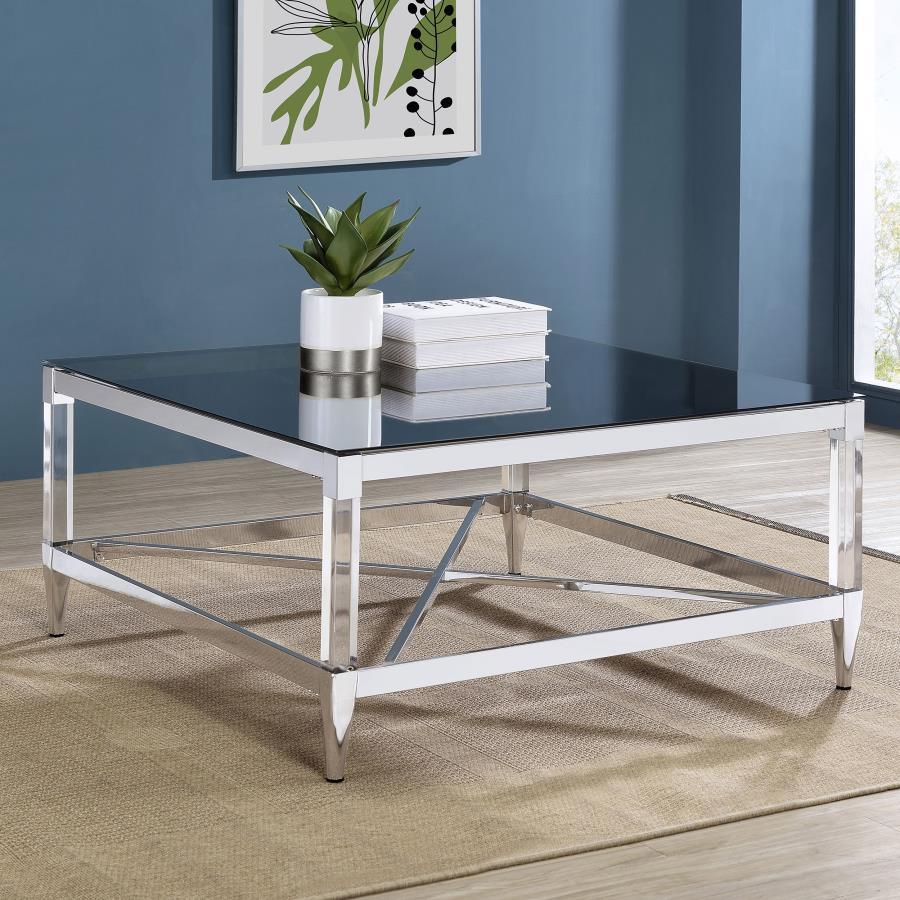 LINDLEY SQUARE TEMPERED MIRROR ACRYLIC COFFEE TABLE CHROME