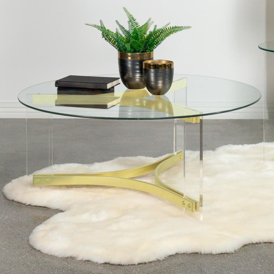 JANESSA ROUND GLASS TOP ACRYLIC LEG COFFEE TABLE MATTE BRASS