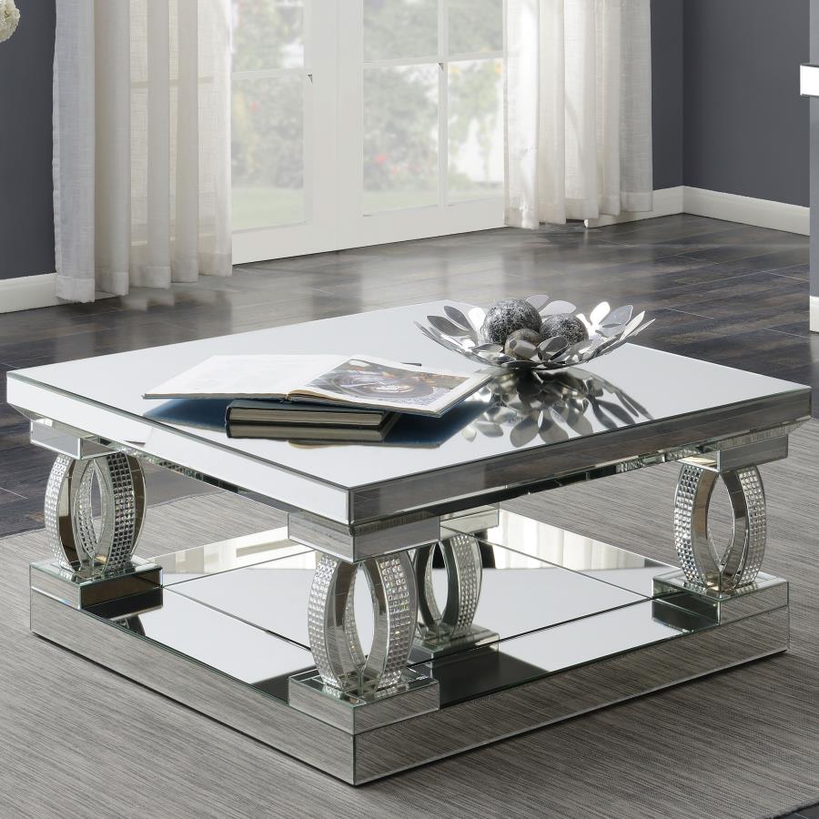 AMALIA SQUARE MIRRORED ACRYLIC CRYSTAL COFFEE TABLE SILVER