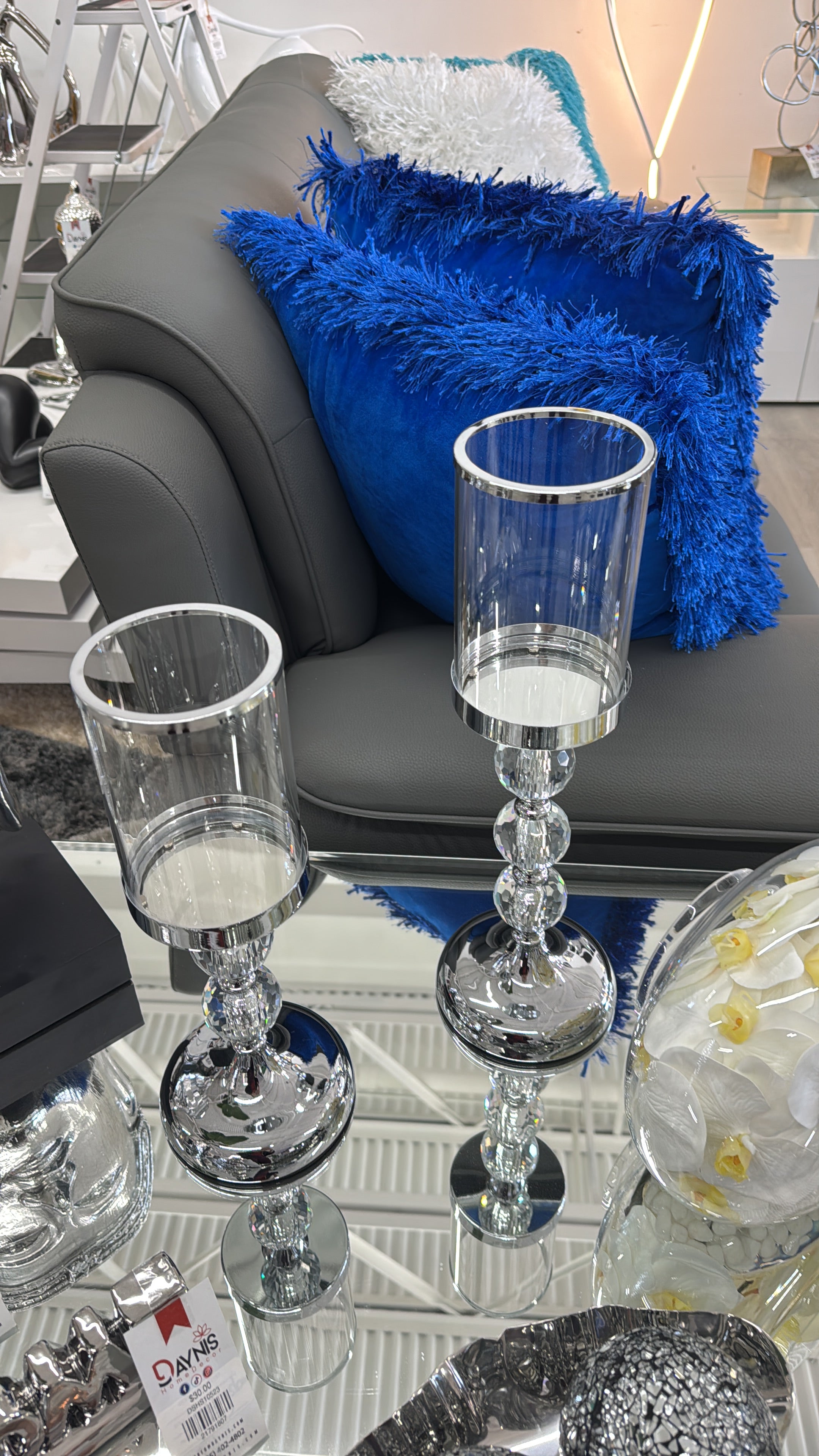 2 PC GLASS CHROME CANDLE HOLDERS