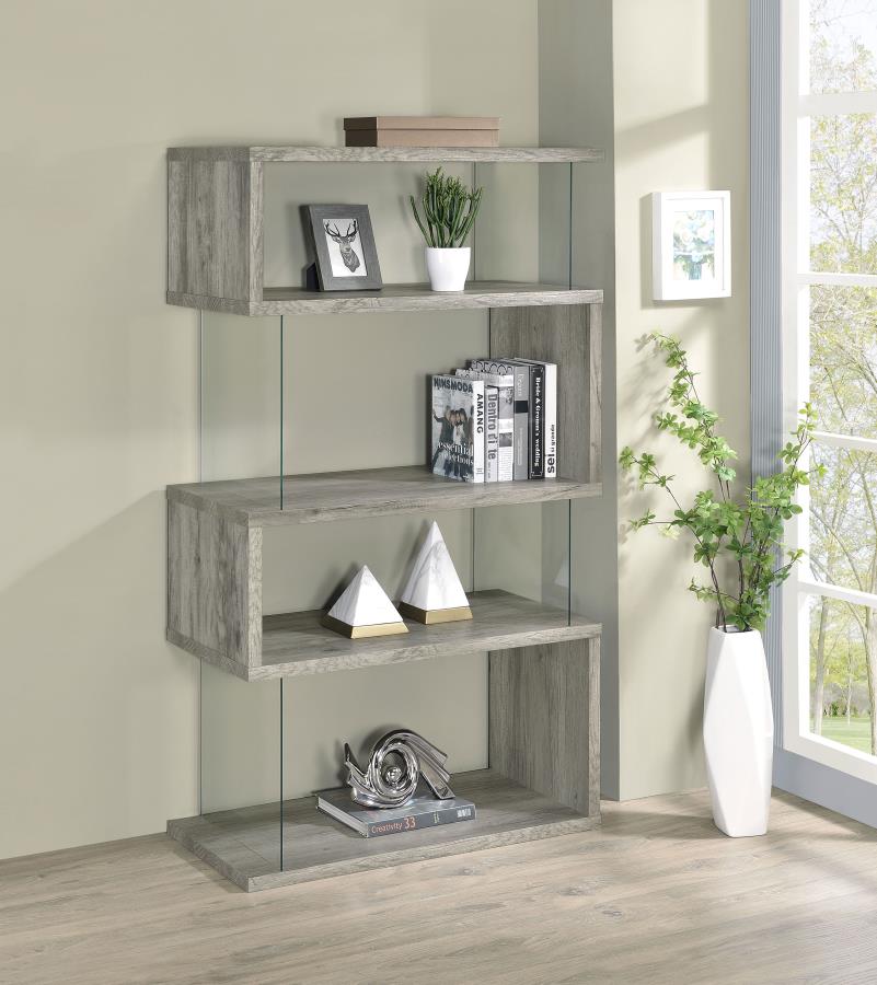 EMELLE 63-INCH 4-SHELF GLASS PANEL BOOKSHELF GREY DRIFTWOOD