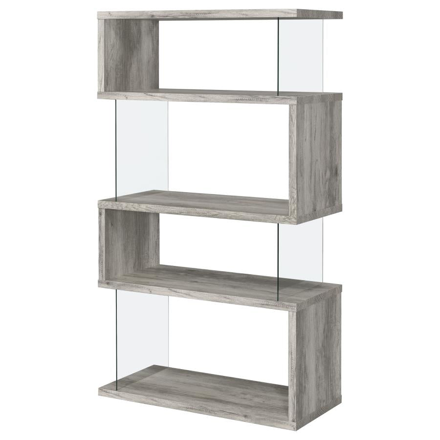EMELLE 63-INCH 4-SHELF GLASS PANEL BOOKSHELF GREY DRIFTWOOD