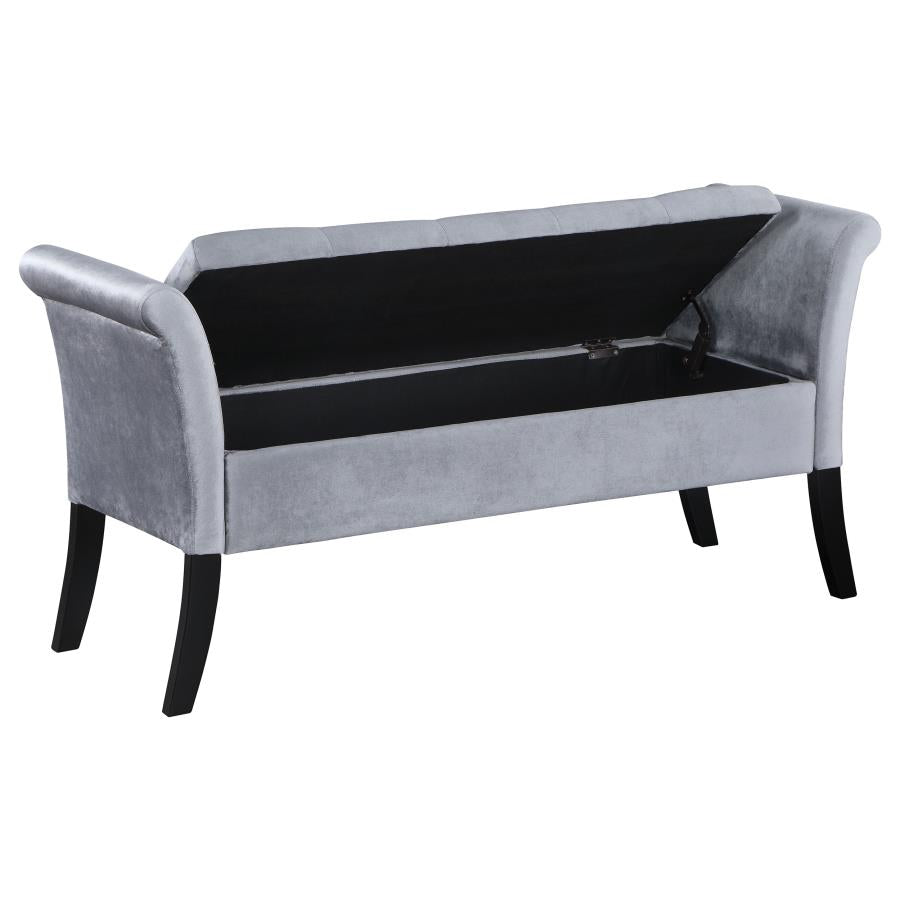 FARRAH VELVET UPHOLSTERED ROLLED ARM STORAGE BENCH SILVER