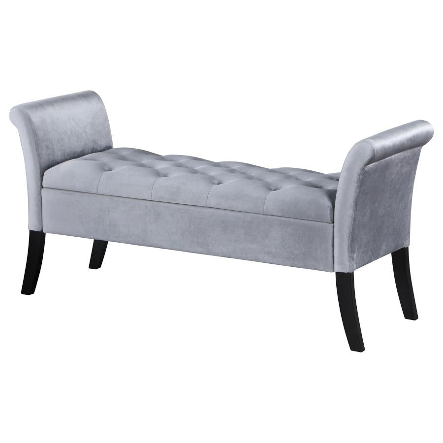 FARRAH VELVET UPHOLSTERED ROLLED ARM STORAGE BENCH SILVER