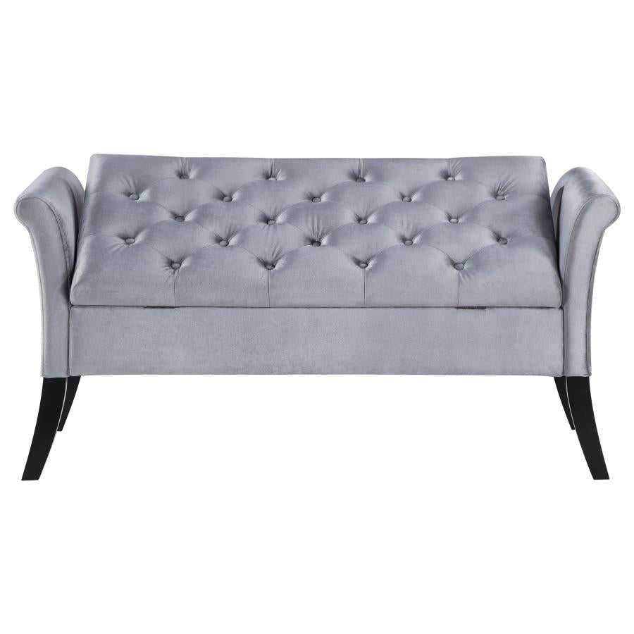 FARRAH VELVET UPHOLSTERED ROLLED ARM STORAGE BENCH SILVER