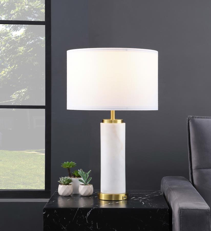 LUCIUS 25-INCH DRUM SHADE MARBLE BODY TABLE LAMP WHITE