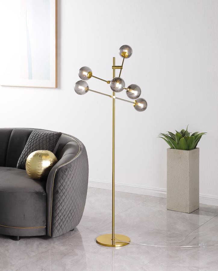 EXLINE 62-INCH MOLECULAR SMOKED ORB METAL FLOOR LAMP GOLD