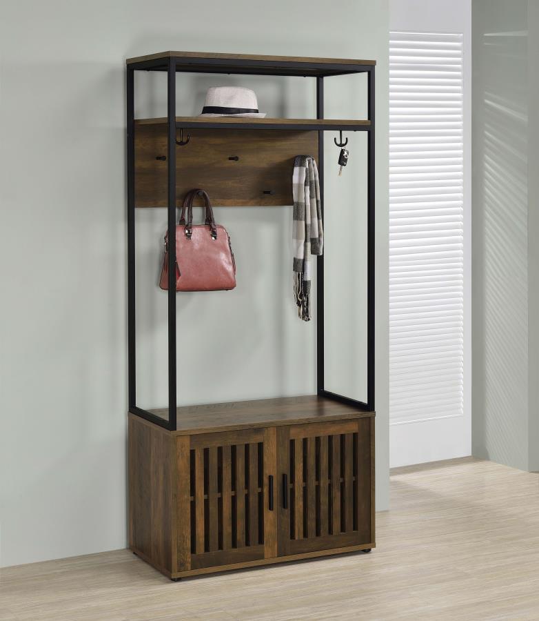 QUINCY 2-DOOR COAT RACK HALL TREE STORAGE BENCH DARK PINE