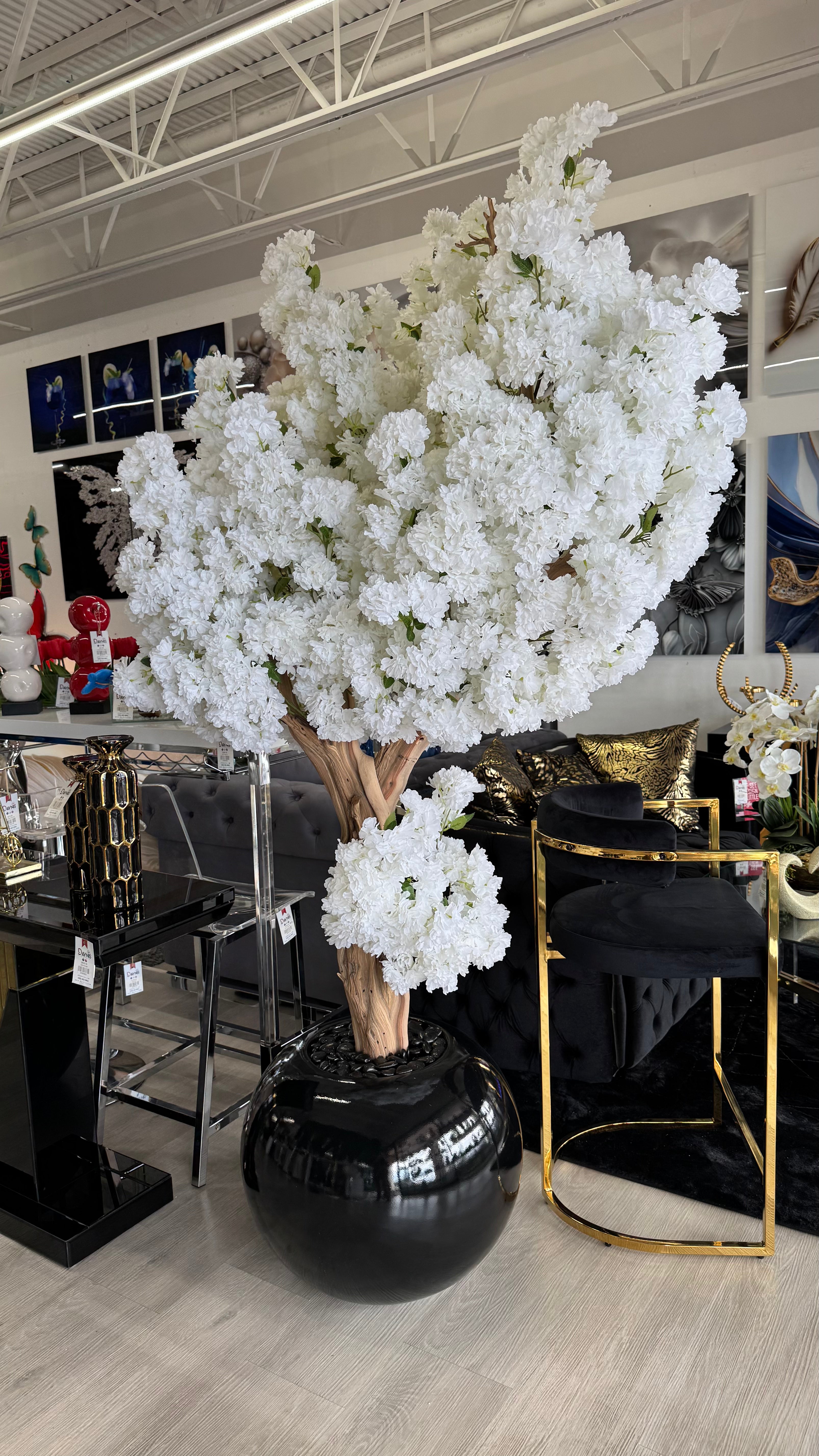 WHITE CHERRY BLOSSOMS BLACK ROUND VASE