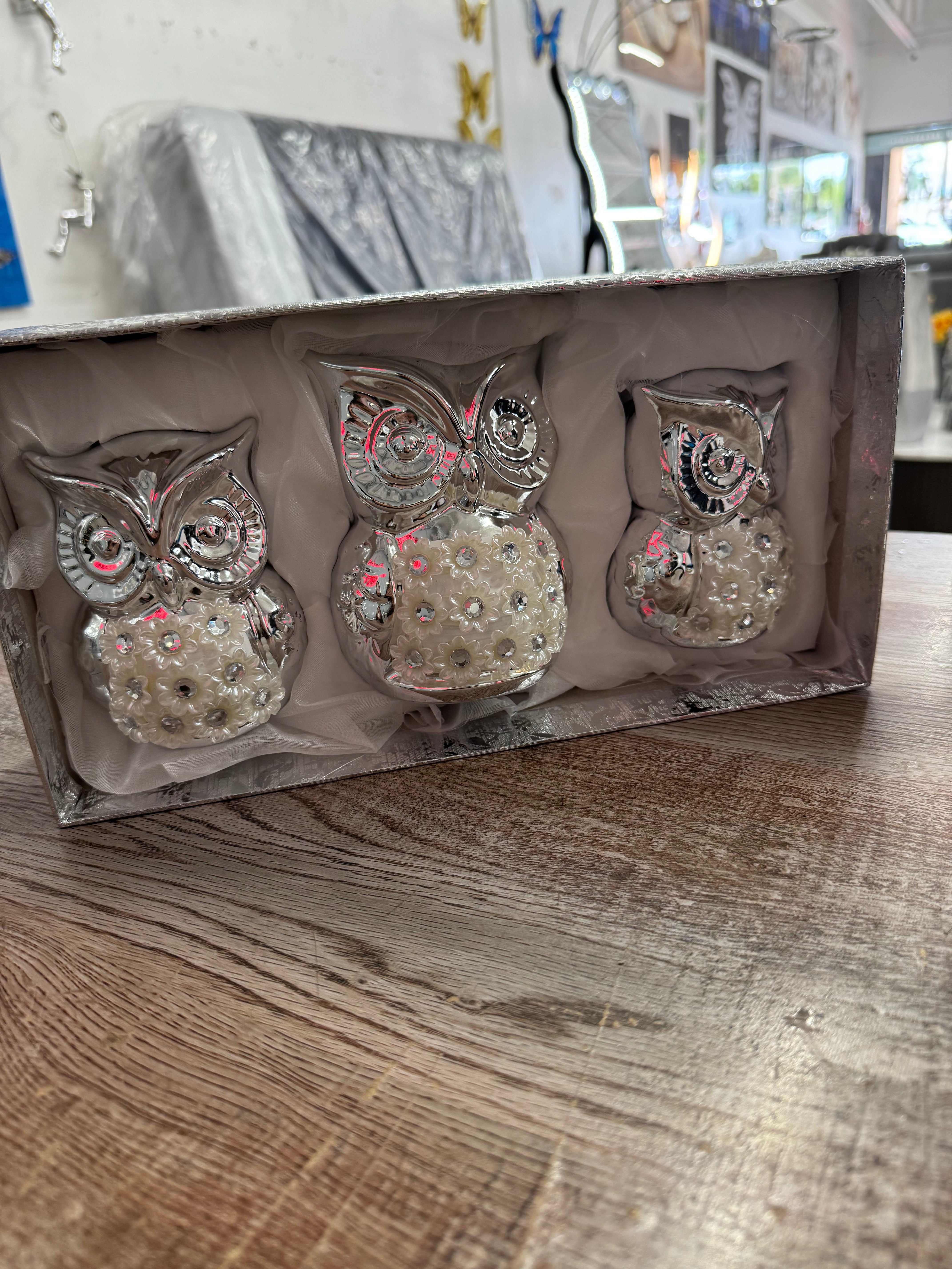 SILVER-FINISHED OWL FIGURINES
