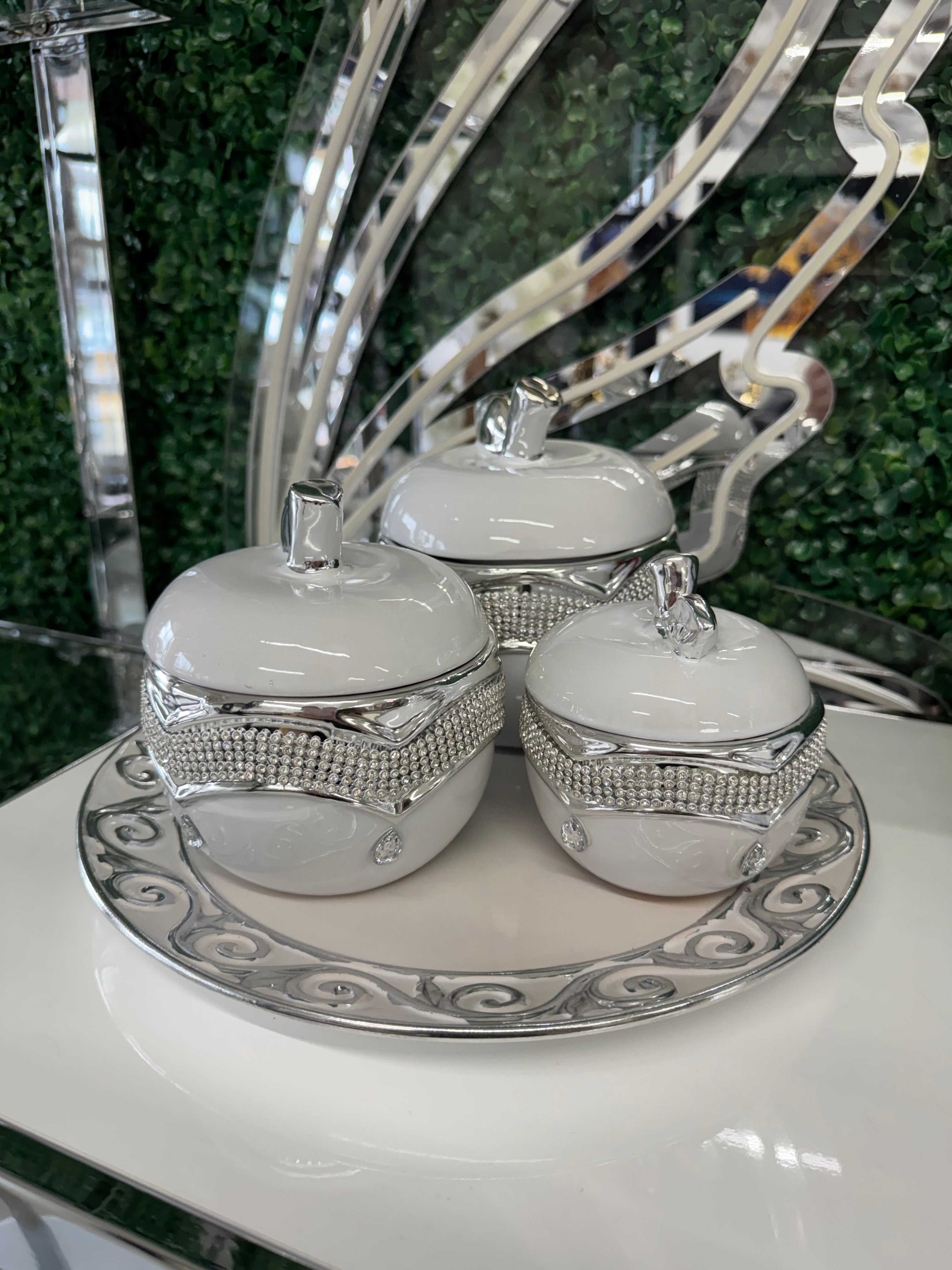 SET 3 SILVER/WHITE APPLE WITH PLATE