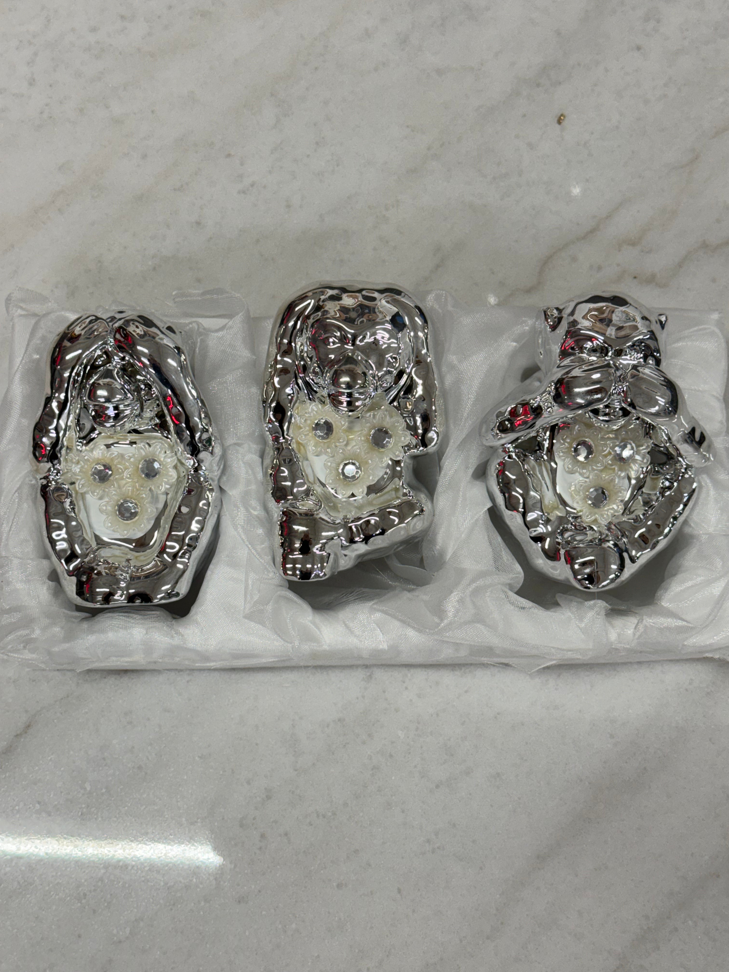 Set of 3 Wise Monkey Bling Diamond Crushed Crystal Silver