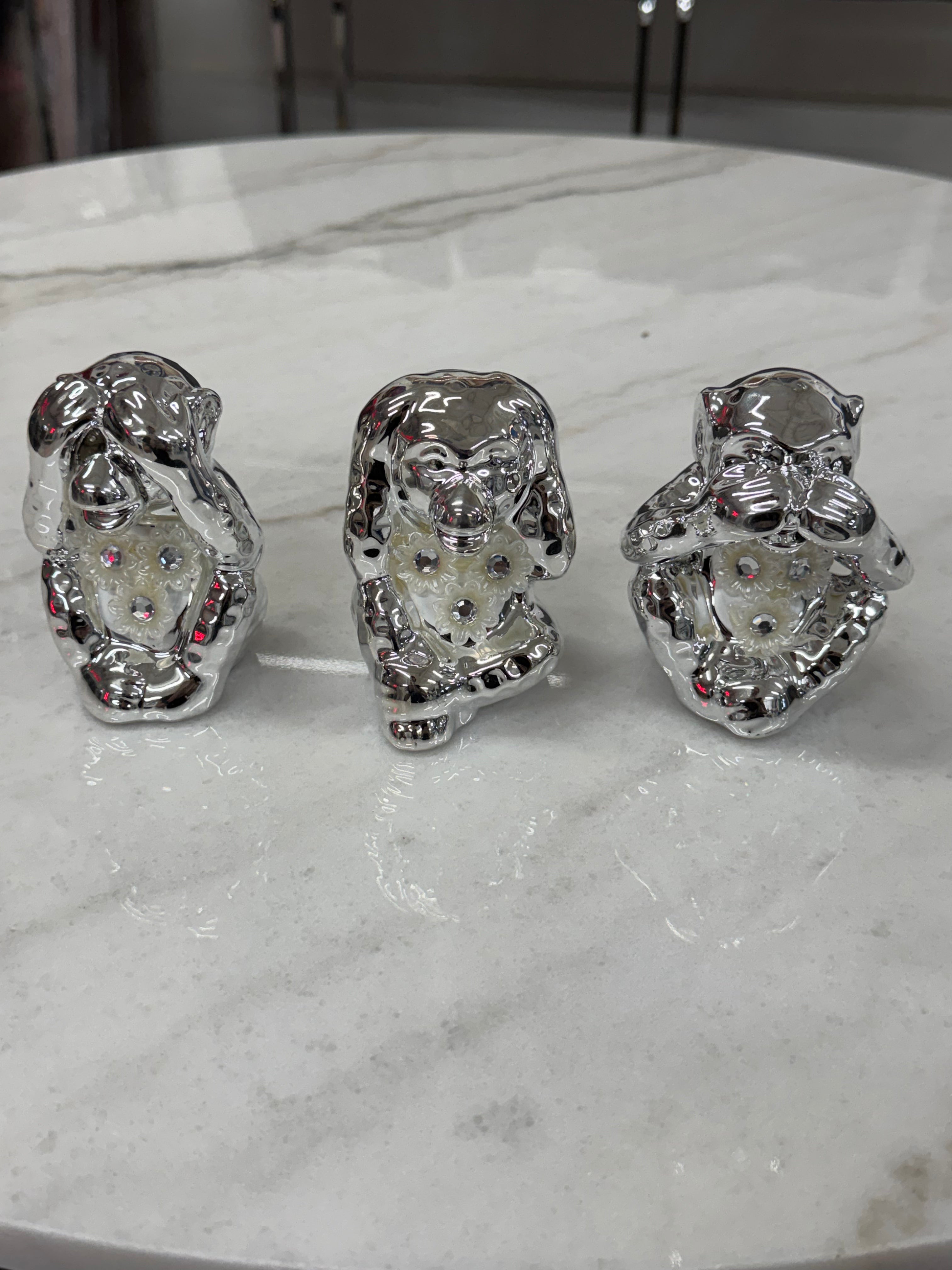 Set of 3 Wise Monkey Bling Diamond Crushed Crystal Silver