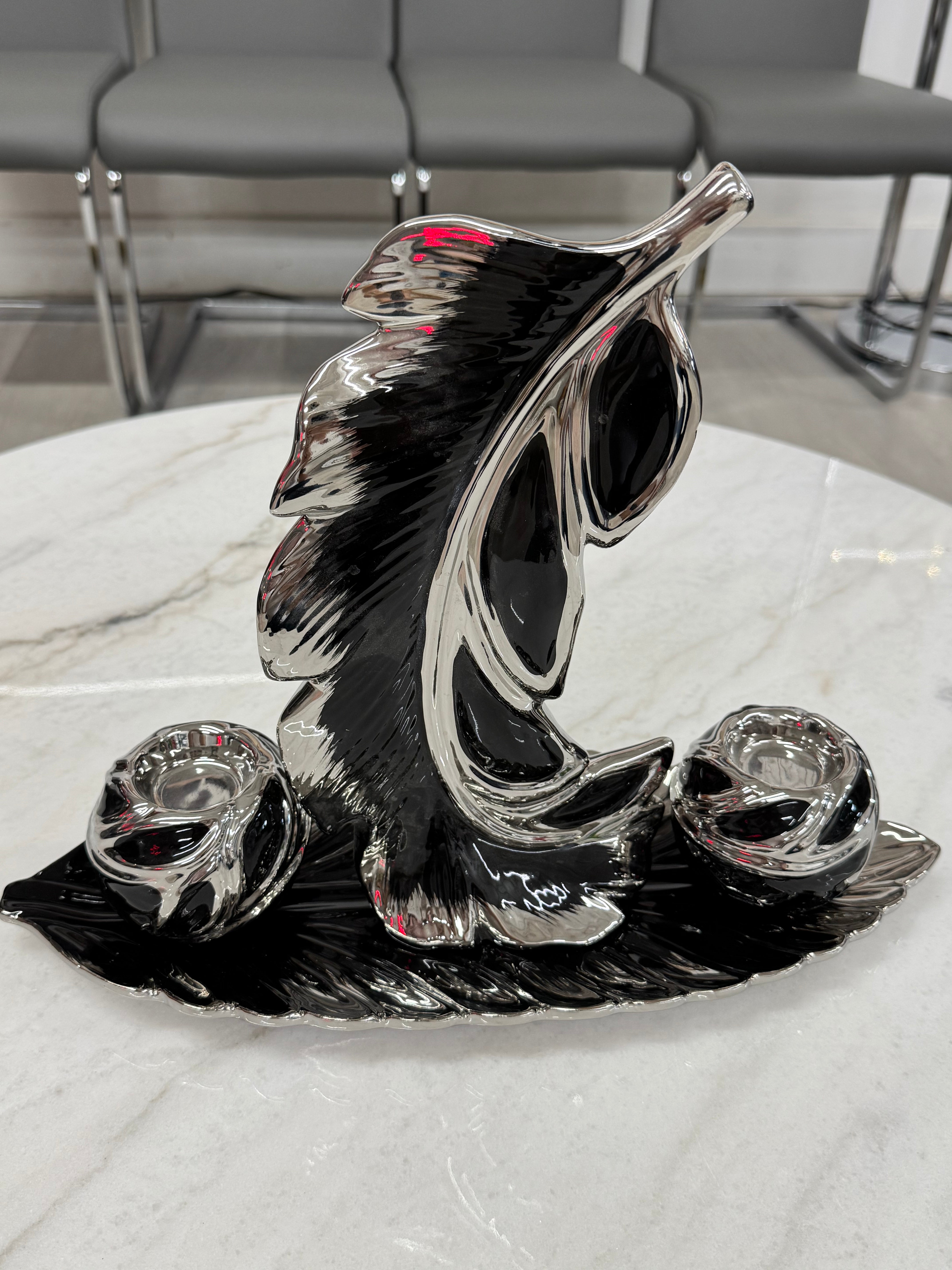 CHROME AND BLACK DUAL LEAF CANDLE HOLDER