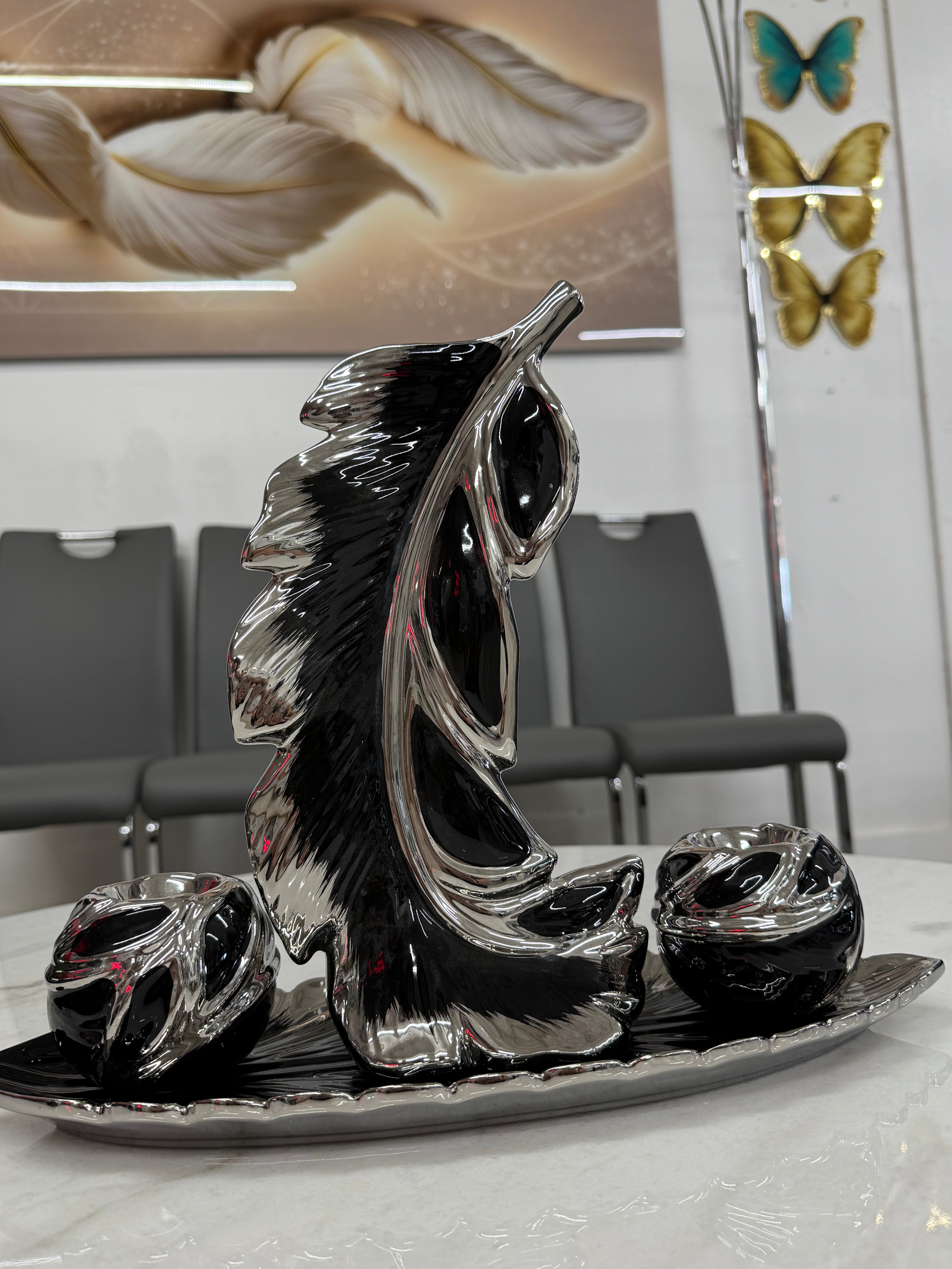 CHROME AND BLACK DUAL LEAF CANDLE HOLDER