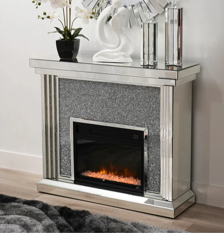 MIRRORED GLASS GLAM FIREPLACE