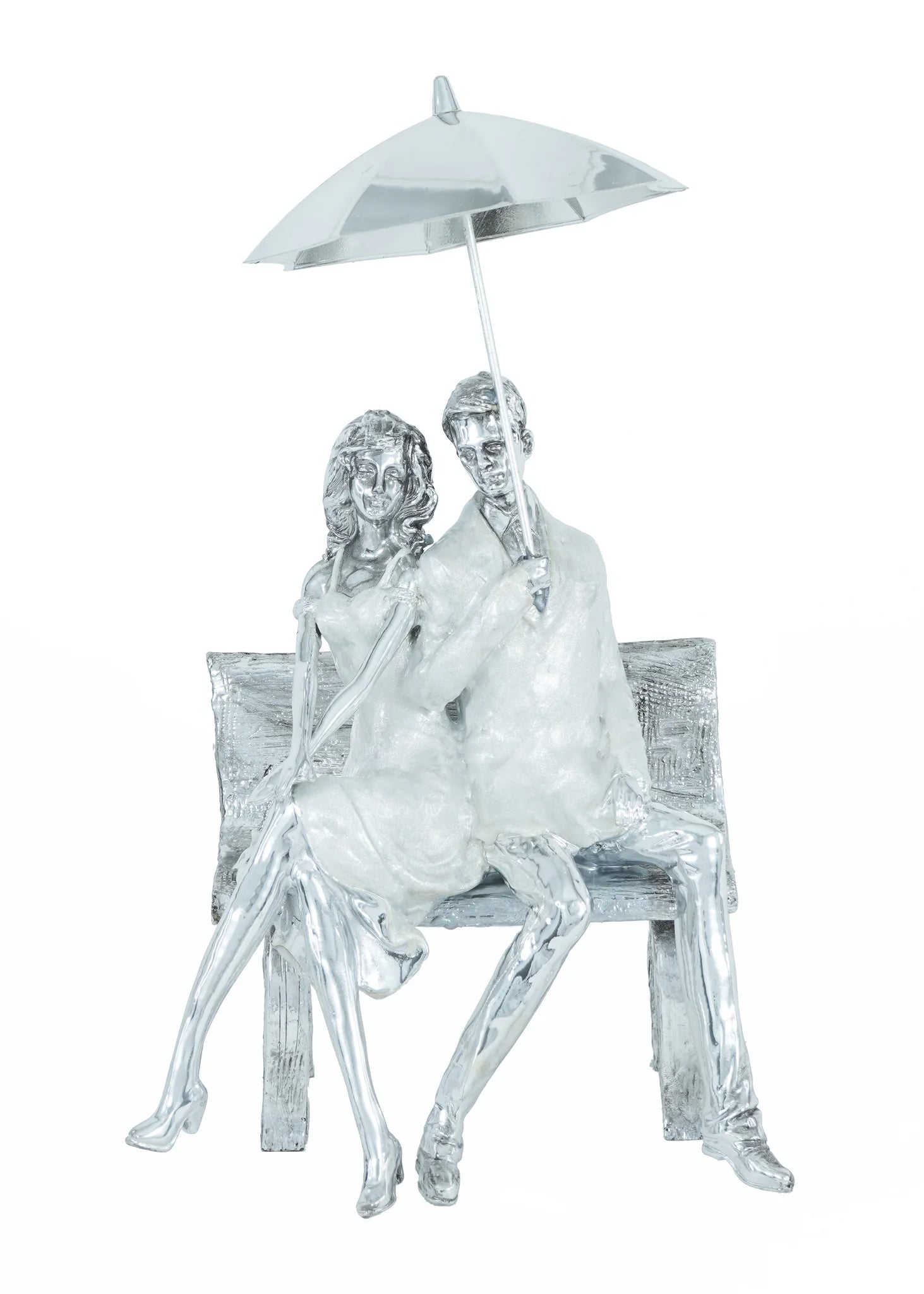 COUPLE ON BENCH WITH UMBRELLA SCULPTURE