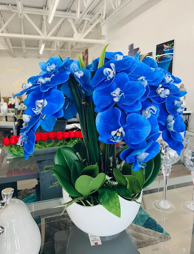 BLUE ORCHIDS WHITE VASE