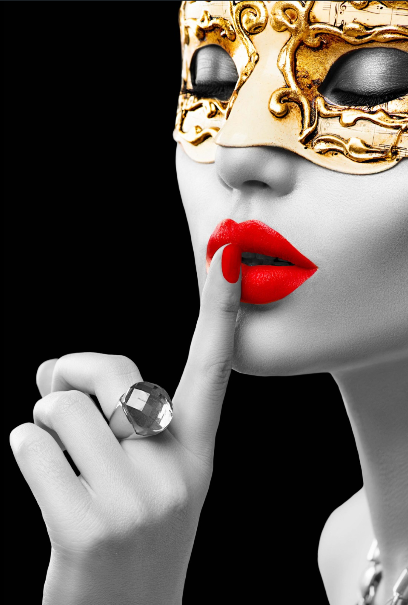 RED LIPS WOMAN WEARING GOLD MASK