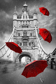 TOWER BRIDGE IN LONDON WITH RED FLYING UMBRELLAS