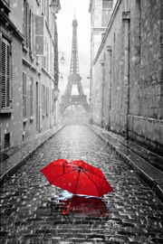 RED UMBRELLA IN PARIS STREET RAINY DAY EIFFEL TOWER