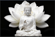 WHITE BUDDHA STATUE MEDITATING ON A LOTUS FLOWER