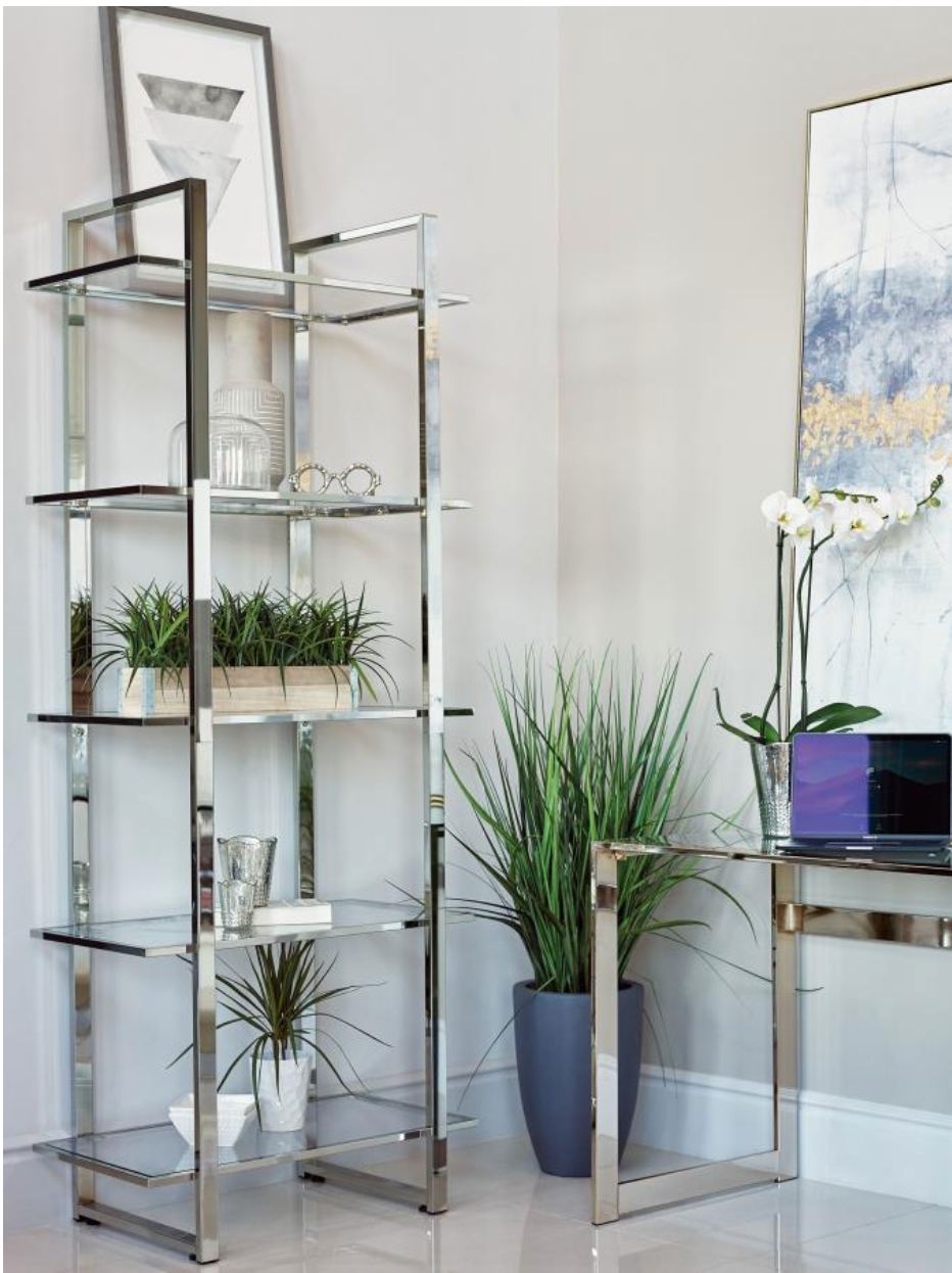 HARTFORD 79-INCH 5-SHELF GLASS BOOKSHELF CHROME