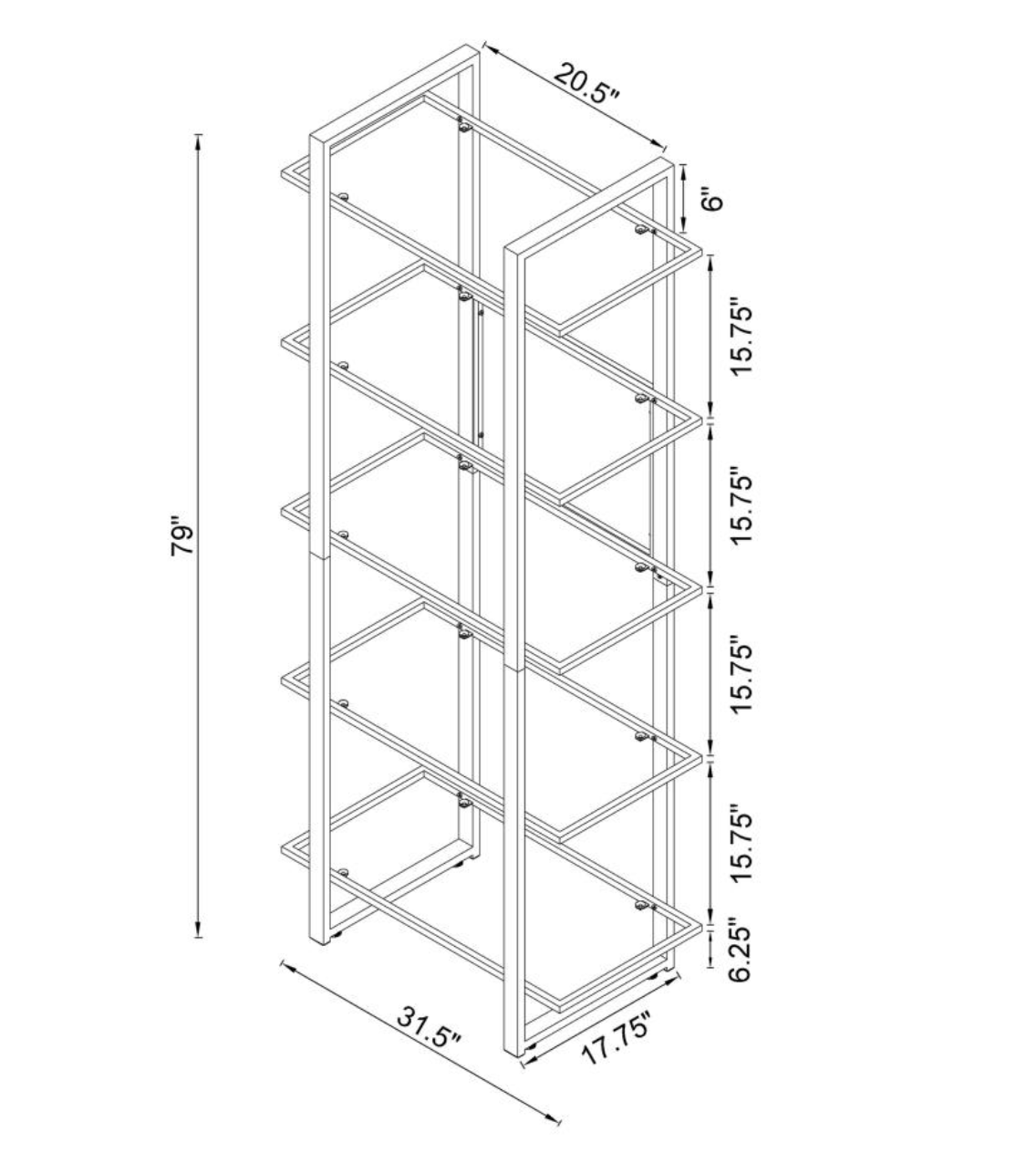 HARTFORD 79-INCH 5-SHELF GLASS BOOKSHELF CHROME