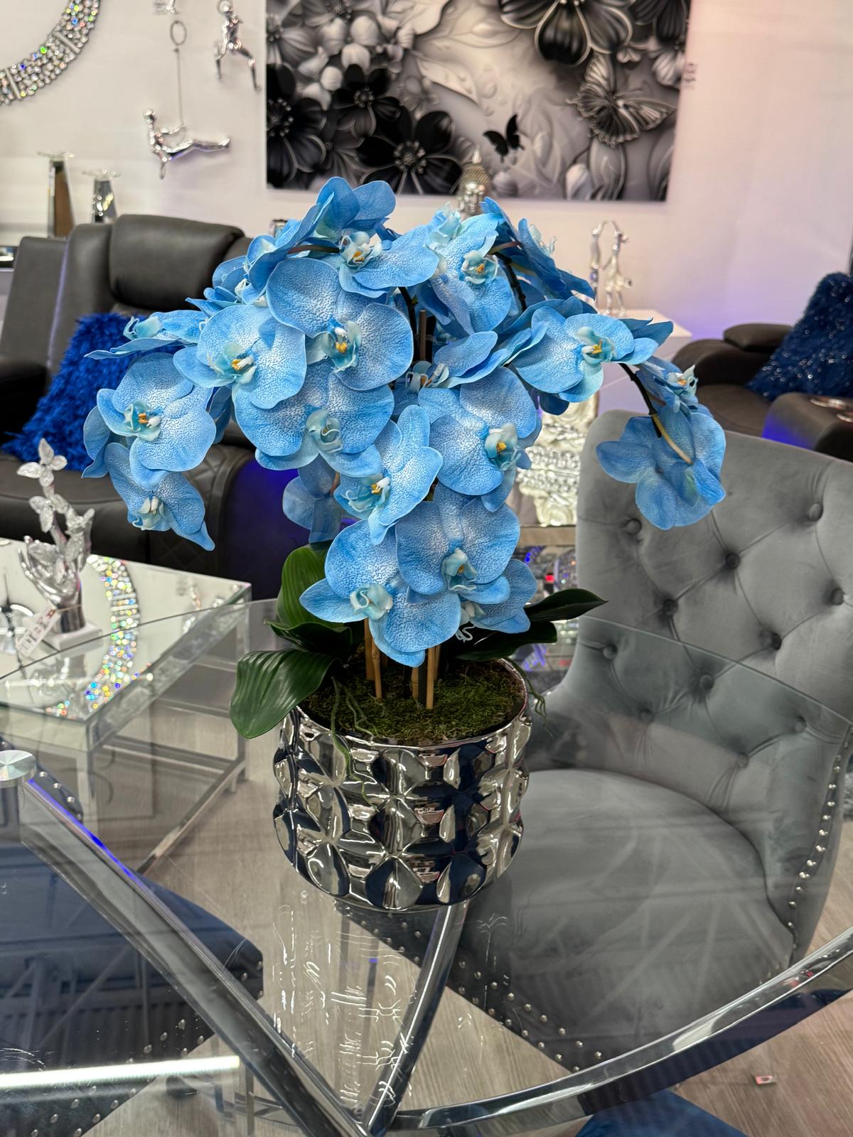 SILVER VASE BLUE ORCHIDS