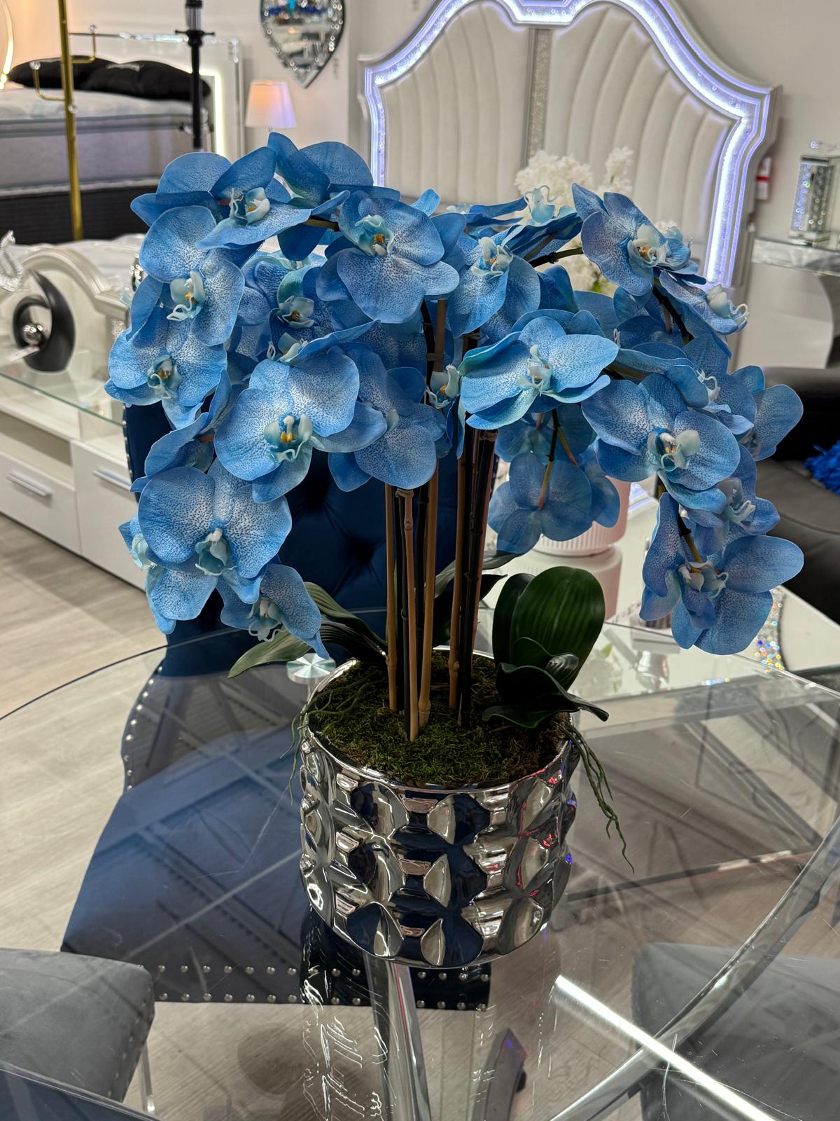 SILVER VASE BLUE ORCHIDS