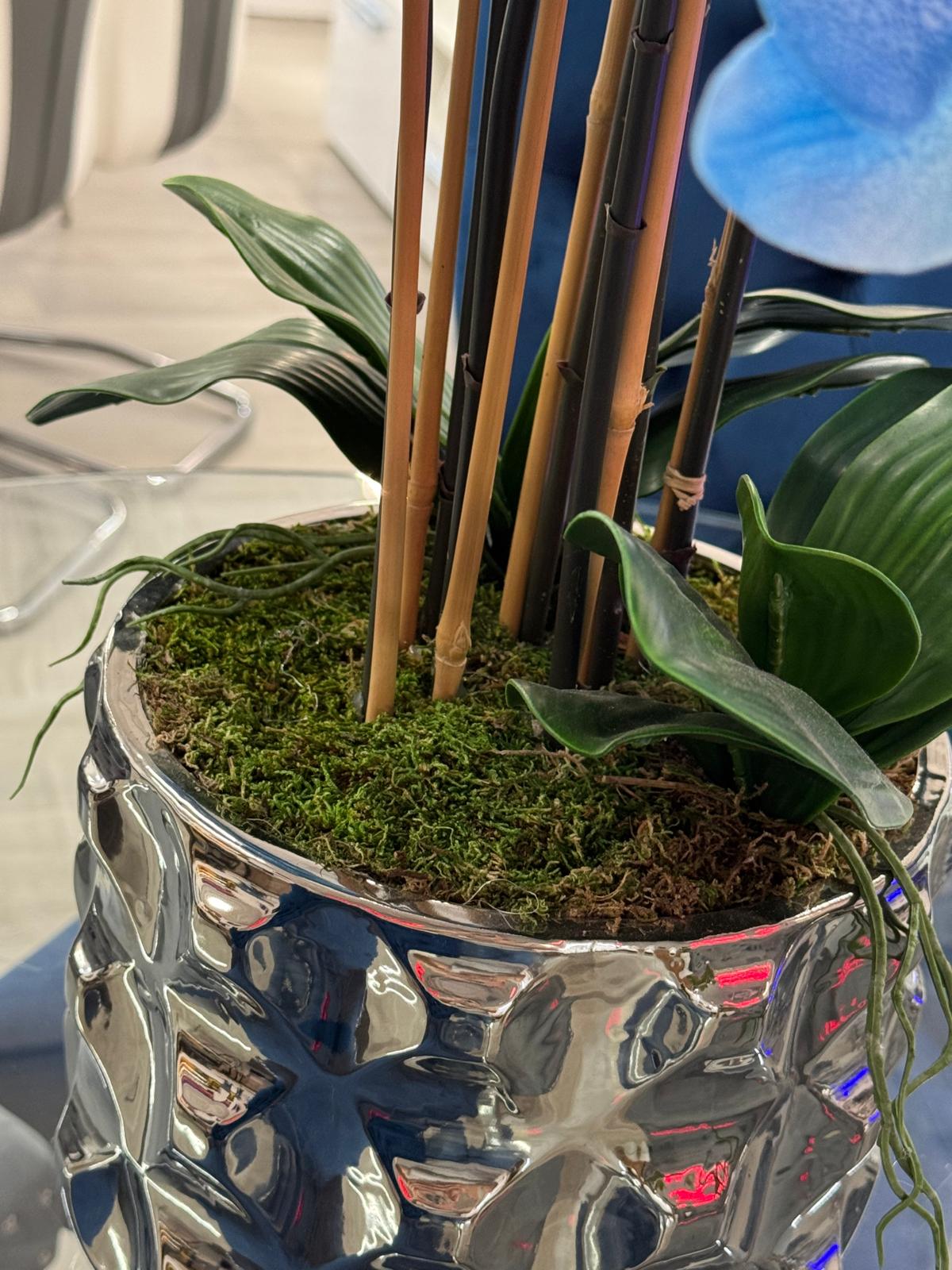 SILVER VASE BLUE ORCHIDS