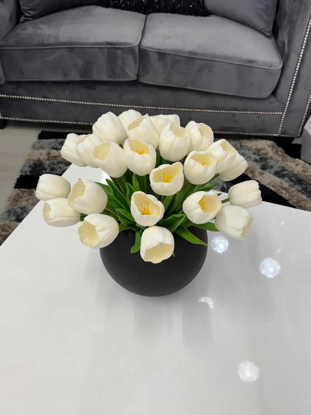 WHITE TULIPS BLACK VASE