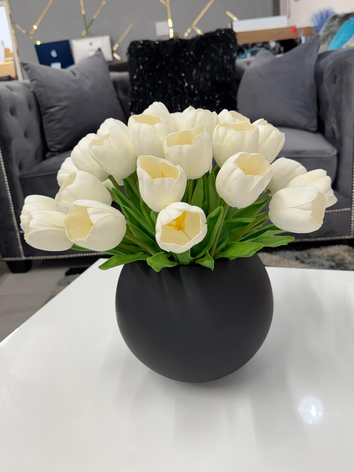 WHITE TULIPS BLACK VASE