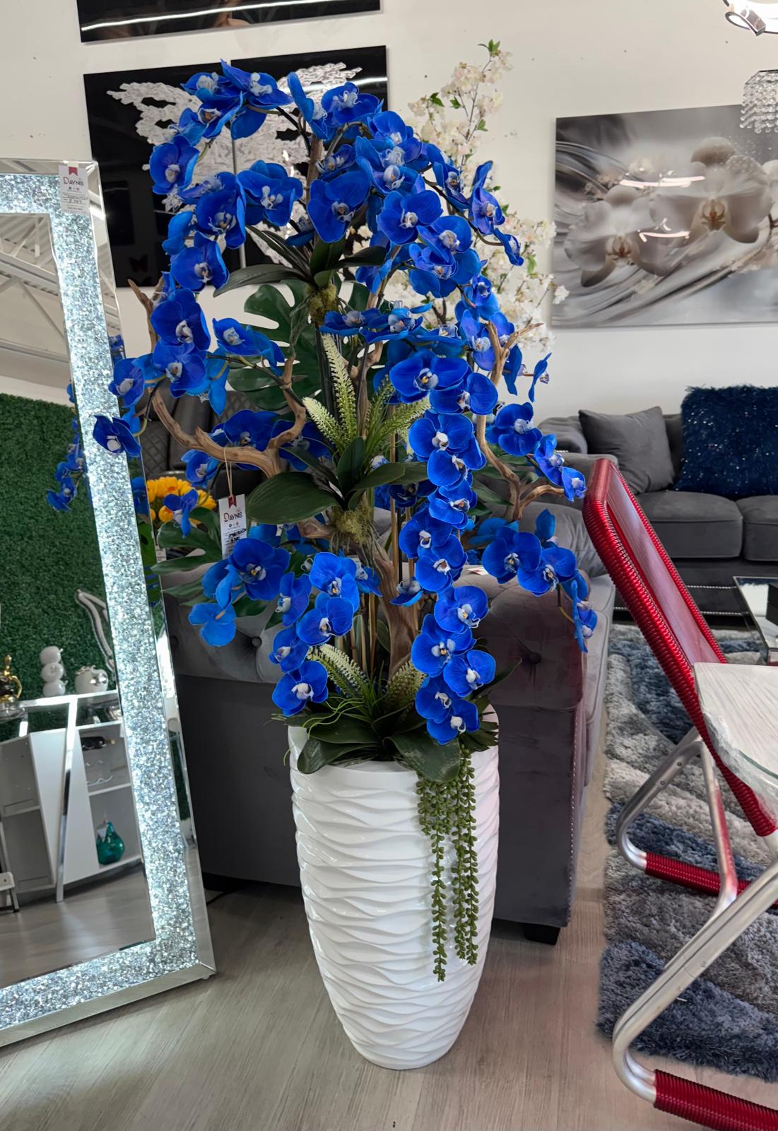 BLUE ORCHIDS 28"H WHITE VASE